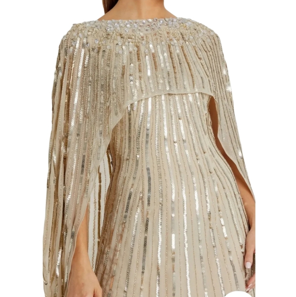Mac Duggal Gown Sz 18, Cape, Lined, Champagne, Intricate Beading, Sequins NEW!! - Picture 4 of 13